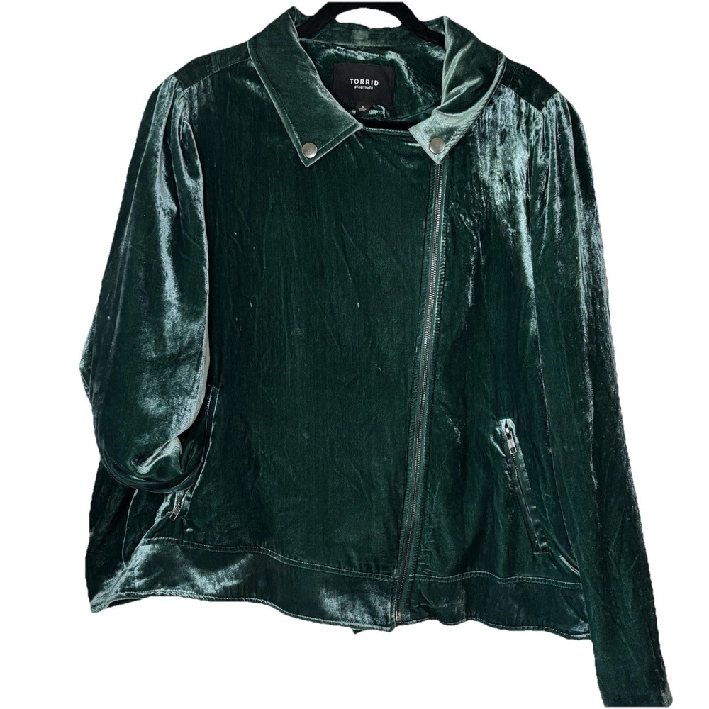Torrid Velveteen Moto Jacket Mottled Texture 4/26US Botanical Garden Green Zip